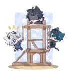  3boys absurdres animal_ears ardashir_(arknights) arknights arknights:_endfield black_hair blue_eyes blue_hair camille_(arknights) cat_ears cat_tail chibi chibi_only climbing closed_mouth covered_eyes endministrator_(arknights) eye_mask highres horns hyeeseou ladder long_sleeves male_endministrator_(arknights) male_focus mask multicolored_hair multiple_boys open_mouth pointy_ears red_streaks streaked_hair tail vampire watermark white_hair 