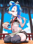 1girl bike_shorts black_sports_bra black_thighhighs blue_hair bowl breasts cephalopod_eyes chopsticks cloud cloudy_sky colored_fingertips commentary_request earrings eating fish_hook_earrings gradient_hair hair_ornament hair_stick half-closed_eyes hands_up highres holding holding_bowl holding_chopsticks jewelry linea_alba multicolored_hair navel octoling one-eyed purple_hair railing red_eyes sarashi sarong seiza shiver_(splatoon) shiver_(splatoon_raiders) single_earring sitting skindentation sky small_breasts solo splatoon_(series) splatoon_raiders sports_bra stomach suction_cups t2ukmyjm tentacle_hair thick_thighs thighhighs thighs white_sarong wooden_beam wooden_floor 