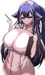  1girl absurdres alternate_breast_size_(larger) alternate_costume alternate_hairstyle black_hair breasts cleavage clipboard closed_eyes dress gloves highres holding holding_clipboard holding_pen huge_breasts indie_virtual_youtuber long_hair looking_at_viewer multicolored_hair nurse pen ponytail purple_eyes shylily solo streaked_hair sylix44 tongue tongue_out very_long_hair virtual_youtuber white_dress white_gloves white_streaks 