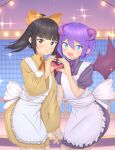  2boys alternate_costume apron back_bow black_dress black_eyes black_hair blue_eyes blunt_bangs blush bow bow_hairband bowtie brown_dress collared_dress commentary_request crossdressing crossdressing_(mtf) crossover demon_horns demon_wings double-parted_bangs dress embarrassed fake_horns fake_wings frilled_apron frills furrowed_brow hair_bow hairband hakunen_(the_three_charms) hand_up head_tilt heart heart_hands heart_hands_duo highres holding_hands horns indoors knt_omega long_bangs long_sleeves looking_at_viewer luka_(mon-musu_quest!) luka_(succubus_disguise)_(mon-musu_quest!) maid male_focus male_maid medium_hair mon-musu_quest! mon-musu_quest:_paradox multiple_boys nail_polish official_alternate_costume open_mouth orange_bow orange_bowtie parted_lips pleated_dress puffy_short_sleeves puffy_sleeves purple_bow purple_bowtie purple_hair railing short_hair short_sleeves sparkle_background stage_lights straight_hair the_three_charms trap white_apron wings 