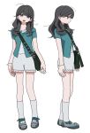  1girl aqua_shirt arms_at_sides bag black_hair bracelet closed_mouth full_body handbag highres jewelry long_hair looking_at_viewer multiple_views open_mouth original purple_eyes shirt shoes short_sleeves shorts shoulder_bag simple_background socks standing white_background white_shorts white_socks yunoki_itsugu 