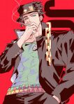  1boy absurdres black_hair black_hat black_jacket black_pants buttoned_cuffs buttons character_name cigarette collarbone collared_jacket commentary_request covered_abs covered_pectorals covering_own_mouth cowboy_shot green_eyes green_shirt hand_in_pocket hat highres holding holding_cigarette jacket jojo_no_kimyou_na_bouken kujo_jotaro long_sleeves looking_to_the_side male_focus multicolored_belt pants patterned_belt pectorals popped_collar red_background shirt short_hair sideways_glance smoke smoke_trail smoking solo stardust_crusaders tian_zhu2357 very_short_hair 