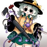  1girl :d axe baseball_bat black_eyes black_hat blush bow buttons collared_shirt commentary_request contrast_collar crowbar diamond_button disembodied_linked_eye empty_eyes eyeball floral_print frilled_shirt_collar frilled_sleeves frills gradient_background green_hair green_skirt grey_background hammer hat hat_bow heripantomorrow knife komeiji_koishi long_hair long_sleeves looking_at_viewer metal_baseball_bat open_mouth print_skirt rose_print shirt sickle skirt smile solo touhou wide_sleeves yellow_bow yellow_shirt 