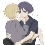  ... 1boy 1girl alternate_costume black_pants black_shirt black_sleeves blonde_hair blunt_ends brown_shorts casual choppy_bangs commentary contemporary couple covering_another's_mouth eyelashes eyeliner genshin_impact grey_pupils grey_shirt grey_sleeves hands_on_another's_back hetero highres kosokawa light_blush long_sleeves lumine_(genshin_impact) makeup open_hands open_mouth own_hands_together pants purple_eyes red_eyeliner scaramouche_(genshin_impact) shirt short_hair short_hair_with_long_locks short_sleeves shorts sidelocks sketch spoken_ellipsis straddling t-shirt tsurime twitter_username untranslatable_commentary upright_straddle white_background yellow_eyes 