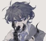  1boy absurdres akinashi_haru animal_in_mouth artist_request black_hair black_jacket blue_eyes blue_necktie dress_shirt highres jacket lapels looking_at_viewer necktie portrait saihate_eki scorpion shirt solo tongue 