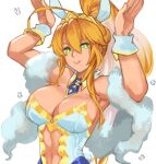  1girl animal_ears arms_up artoria_pendragon_(fate) artoria_pendragon_(lancer)_(fate) artoria_pendragon_(swimsuit_ruler)_(fate) artoria_pendragon_(swimsuit_ruler)_(first_ascension)_(fate) bare_shoulders blonde_hair blue_pantyhose braid braided_base breasts cleavage clothing_cutout commentary detached_collar fate/grand_order fate_(series) feather_boa fishnet_pantyhose fishnets green_eyes large_breasts leotard long_hair navel_cutout necktie pantyhose playboy_bunny ponytail ponytail_with_braided_base rabbit_ears sidelocks toastitos toned toned_female white_leotard wrist_cuffs 