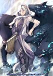  1boy animal armlet bare_shoulders blonde_hair blue_eyes commentary_request copyright_name covered_abs gin_(oyoyo) hair_between_eyes holding holding_instrument hood instrument jewelry light_trail lyre male_focus parted_lips robe solo soul_reverse_zero standing toned toned_male wolf 