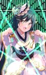  1girl absurdres birthday black_hair blush commentary_request fang floral_print frilled_sleeves frills hair_ornament happy_birthday highres japanese_clothes ketsui_no_hikari looking_at_viewer love_live! love_live!_nijigasaki_high_school_idol_club mifune_shioriko obi open_mouth orange_eyes sash short_hair smile sophiaenju stage stage_lights tassel wide_sleeves 