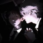  2boys absurdres arm_up black_jacket black_necktie black_theme brown_hair collared_shirt commentary formal_clothes grey_hair highres holding holding_hands ikari_shinji jacket k_and_s_53 looking_at_another looking_to_the_side male_focus multiple_boys nagisa_kaworu necktie neon_genesis_evangelion parted_lips shirt short_hair sideways_glance suit_jacket upper_body very_short_hair white_shirt wing_collar 