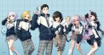  3boys 3girls :d ahoge arm_up armband backpack bag bangs_pinned_back belt bird black_belt black_bow black_hair blonde_hair blue_background blue_hair blue_necktie blue_streaks blunt_bangs bow bowtie braid braided_twintails breasts claw_pose closed_mouth clothes_lift collared_shirt colored_inner_hair copyright_notice dark-skinned_female dark_skin from_side green_eyes grey_bow grey_bowtie grey_hair grey_necktie grey_skirt grid_background grin hair_bow hair_ornament hair_tie hairclip hand_in_own_hair hand_in_pocket hand_on_own_hip hand_on_own_leg holding holding_megaphone jacket jacket_partially_removed kneehighs lize_helesta long_hair long_sleeves looking_at_viewer mashiro_meme matsukai_mao medium_breasts megaphone midriff miniskirt multicolored_hair multiple_boys multiple_girls namiko817 navel necktie nijisanji off_shoulder official_alternate_costume official_art open_mouth pants pants_rolled_up partially_unzipped pink_belt pink_streaks plaid_clothes plaid_pants plaid_skirt pleated_skirt print_jacket purple_eyes purple_hair purple_streaks school_bag school_uniform sebastian_piyodore shirt shirt_lift shirt_rolled_up shoes skirt sleeves_past_fingers sleeves_past_wrists sleeves_rolled_up sleeves_tied_together smile socks streaked_hair stuffed_toy track_jacket twin_braids twintails uzuki_kou v virtual_youtuber white_shirt white_shoes white_socks x_hair_ornament yashiro_kizuku yellow_bird yellow_eyes yorumi_rena 