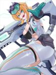  1girl absurdres bandaid bandaid_on_cheek bandaid_on_face black_gloves black_sports_bra blonde_hair blue_eyes boots breasts cleavage commentary_request fangs gloves goddess_of_victory:_nikke gun hair_between_eyes highres holding holding_gun holding_weapon jacket large_breasts looking_at_viewer maxwell_(nikke) maxwell_(ordinary_mechanic)_(nikke) official_alternate_costume open_clothes open_jacket open_mouth short_hair sidelocks sleeveless smile solo sports_bra teeth thigh_boots weapon wg. white_boots white_jacket 