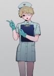  1boy :d aqua_gloves black_eyes broken_heart clipboard collared_dress commentary_request crossdressing crossdressing_(mtf) disposable_gloves dress esse_series eyepatch gloves griffin_stewart heart highres holding holding_clipboard looking_at_viewer male_focus medical_eyepatch mouenante nurse oshi_no_taisetsuna_hito_ni_narikawaru pantyhose short_sleeves simple_background smile solo white_background white_dress 