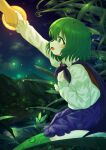  1girl 1other absurdres antennae black_cape blue_shorts blush cape commentary_request dew_drop ekaapetto english_commentary fireflies from_side full_moon green_eyes green_hair highres holding_hands long_sleeves making-of_available mixed-language_commentary moon mountainous_horizon night open_mouth outdoors paid_reward_available red_cape shirt short_hair shorts smile touhou two-sided_cape two-sided_fabric water_drop white_shirt wriggle_nightbug 