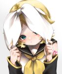  1girl absurdres black_sailor_collar black_sleeves blonde_hair blue_eyes bow breasts commentary_request covering_own_face detached_sleeves hair_bow highres kagamine_rin looking_at_viewer neckerchief number_tattoo sailor_collar shirt short_hair simple_background sleeveless sleeveless_shirt small_breasts tattoo touka_haru treble_clef vocaloid white_background white_bow white_shirt yellow_nails yellow_neckerchief yellow_trim 