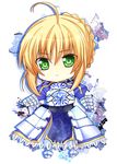  ahoge armor armored_dress artoria_pendragon_(all) blonde_hair chibi dress fate/zero fate_(series) gauntlets green_eyes hair_ribbon maru_itsuki ribbon saber solo 