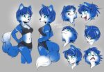  1girl animal_ears babillustration blue_fur blue_hair breasts circlet commentary disgust english_commentary fox_ears fox_girl furry furry_female hands_on_own_hips highres jewelry krystal looking_up multiple_expressions multiple_views naughty_face open_mouth short_hair star_fox star_fox_adventures surprised tail 