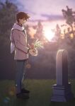  1boy absurdres antenna_hair black_eyes black_shoes blurry blurry_background brown_coat brown_hair coat commentary dark-skinned_male dark_skin ear_piercing english_commentary flower from_side full_body grass grey_pants hero_(faraway)_(omori) hero_(omori) highres holding_vase lily_of_the_valley long_sleeves male_focus manimani_(mani_ma) omori outdoors pants parted_lips piercing scarf shoes short_hair smile solo standing tombstone white_scarf 