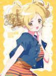  1girl :d blonde_hair blue_jacket blush border bracelet breasts cowboy_shot dress grid_background highres jacket jewelry large_breasts mahou_shoujo_madoka_magica mahou_shoujo_madoka_magica:_walpurgis_no_kaiten open_clothes open_jacket open_mouth orange_dress outline outside_border parted_bangs serizawa_serizane short-sleeved_jacket short_hair short_sleeves short_twintails smile solo striped_clothes striped_dress tomoe_mami twintails white_background white_outline yellow_border yellow_eyes 