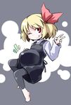  ;q barefoot blonde_hair commentary_request hair_ribbon kugelschreiber leggings one_eye_closed overalls pinky_out pregnant red_eyes ribbon rumia short_hair smile solo tongue tongue_out touhou v 
