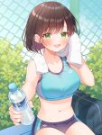  1girl aqua_sports_bra bag bare_arms bare_shoulders black_buruma blue_shirt bottle breasts brown_hair buruma chain-link_fence cleavage collarbone colored_inner_hair commentary_request commission crop_top fence green_eyes hand_up holding holding_bottle holding_towel large_breasts midriff multicolored_hair navel no_shirt open_mouth original school_bag serino_itsuki shirt short_hair sitting skeb_commission sleeveless sleeveless_shirt smile solo sports_bra stomach sweat towel 