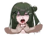  1boy 1girl bang_dream! bang_dream!_yumemita blood blood_from_mouth bruise bruise_on_neck chinese_commentary commentary_request crying crying_with_eyes_open drooling dying green_hair hair_bun hair_ornament highres injury long_hair nosebleed open_mouth pov pov_hands rolling_eyes simple_background single_side_bun strangling tearing_up tears viola_(bang_dream!) violence white_background x_hair_ornament xian_ovo 