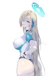  1girl absurdres ass asuna_(blue_archive) blonde_hair blue_archive blue_eyes blue_halo blush breasts choker commentary_request covered_nipples hair_over_one_eye hair_ribbon halo highres large_breasts leotard long_hair looking_at_viewer open_mouth ribbon smile solo thighs user_gpms2435 very_long_hair white_leotard wristband 
