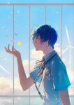  1boy arm_up black_ribbon blue_hair bug butterfly closed_mouth cloud collared_shirt commentary cowboy_shot from_side headphones headphones_around_neck highres jia_06 male_focus neck_ribbon outdoors parted_bangs persona persona_3 profile railing ribbon shirt short_hair short_sleeves sky solo very_short_hair white_shirt wind_turbine wing_collar yuuki_makoto_(persona_3) 