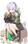  1girl absurdres anby_demara bag black_gloves black_skirt braid braided_sidelocks burger cheese commentary cup disposable_cup drink drinking_straw fast_food fingerless_gloves food food_on_face food_wrapper full_body gloves green_shoes green_sleeves grey_hair headphones highres holding holding_burger holding_food jacket ketchup looking_at_food on_television open_clothes orange_eyes paper_bag shoes short_hair sidelocks simple_background sitting skirt solo two_shot_coffee white_background zenless_zone_zero 