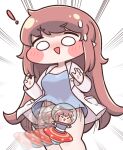  ! 1girl 1other blank_eyes blue_shirt blush brown_hair chibi clothes_lift coat commentary_request elena_(trickcal) fewer_digits highres long_hair motion_lines no_panties pointy_ears shirt shirt_lift suwa_yasai sweatdrop trickcal ufo white_coat wind wind_lift 