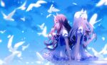  2girls absurdres animal_ears back-to-back bird blue_eyes blue_sky bow brown_hair commentary_request earrings feng_juzhu_de_jiedao from_side green_background hair_down highres horse_ears horse_girl jewelry long_hair mejiro_mcqueen_(umamusume) multicolored_hair multiple_girls outdoors pink_bow pleated_skirt puffy_short_sleeves puffy_sleeves purple_background purple_eyes purple_hair school_uniform short_sleeves skirt sky streaked_hair summer_uniform tokai_teio_(umamusume) too_many too_many_birds tracen_school_uniform umamusume unworn_bow white_bird white_skirt white_streaks 