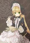  bad_id bad_pixiv_id blonde_hair bonnet book chin_strap doily frills gosick gothic_lolita green_eyes grey lolita_fashion long_hair pipe ribbon solo victorica_de_blois yagino_mary 