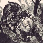  1boy bag blurry blurry_background boar collared_shirt commentary_request demon depth_of_field fantasy foot_out_of_frame from_behind highres holding_another's_horns horizontal_pupils horns jun_(navigavi) light_particles looking_at_another male_focus monochrome monster original outdoors pants scabbard sheath shirt short_hair sleeves_rolled_up solo struggling sword sword_on_back very_short_hair weapon weapon_on_back 