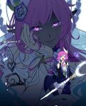  2girls armlet artist_name bare_shoulders black_jacket blue_hair blue_ribbon breasts ceremonial_blade_(honkai:_star_rail) closed_eyes collarbone commentary crescent crescent_sword cyrene_(demiurge)_(honkai:_star_rail) cyrene_(honkai:_star_rail) cyrene_(philia093)_(honkai:_star_rail) detached_sleeves diamond-shaped_pupils diamond_(shape) dress dual_persona earrings face_in_shadow fingernails floating_hair flower full_body giant giantess gold_necklace gradient_hair green_ribbon hair_between_eyes hair_ribbon halo halo_behind_head hand_on_own_face hands_up heart_ornament highres holding holding_sword holding_weapon honkai:_star_rail honkai_(series) jacket jewelry large_breasts long_fingernails long_hair long_sleeves mobius_strip multicolored_hair multicolored_ribbon multiple_girls nail_polish necklace open_clothes open_jacket open_mouth pink_eyes pink_hair planet_earrings pointy_ears purple_flower purple_nails purple_ribbon ribbon sakae_0_0 see-through_clothes see-through_veil short_hair short_sleeves sidelocks simple_background single_earring sleeveless sleeveless_dress standing star_ornament streaked_hair sword symbol-shaped_pupils teeth two-tone_hair upper_body veil very_long_hair wavy_hair weapon white_background white_dress white_hair white_halo white_ribbon white_sleeves white_veil wide_sleeves 