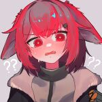  1girl ? ?? arknights black_jacket commentary_request crownslayer_(arknights) extra_ears fangs floppy_ears grey_background grey_shirt hair_ornament hairclip highres hyena_ears hyena_girl iguana152588 jacket looking_at_viewer nervous_sweating open_clothes open_jacket open_mouth red_eyes red_hair shirt short_hair simple_background solo sweat upper_body 