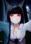  1girl absurdres animal_ears aqua_jacket arm_out_of_sleeve artist_name black_hair black_pantyhose blush breasts cleavage closed_mouth commentary_request covered_nipples fox_ears fox_girl highres hoshimi_miyabi jacket leaning_forward long_hair looking_at_viewer nakodr101126 night no_bra pantyhose rain reaching reaching_towards_viewer red_eyes shirt solo storm thunder wet wet_clothes white_shirt zenless_zone_zero 