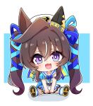  1girl airi_(akamichiaika) animal_ears beret blue_bow blue_cape blue_ribbon blush bow breasts brown_hair cape chibi commentary_request ear_covers hair_between_eyes hat highres horse_ears horse_girl long_hair looking_at_viewer mole mole_under_eye multicolored_hair one-piece_swimsuit open_mouth ribbon sailor_collar shirt shoes single_ear_cover sitting skirt smile socks solo streaked_hair swimsuit twintails umamusume vivlos_(umamusume) vivlos_(voyage_etincelant)_(umamusume) white_hat white_sailor_collar white_shirt white_skirt white_socks 