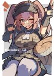  1girl :d ;d arknights ascot black-framed_eyewear black_gloves blurry blurry_foreground blush breasts bright_pupils brown_eyes brown_shirt commentary_request double-parted_bangs fang feet_out_of_frame fingerless_gloves glasses gloves green_skirt hair_between_eyes highres index_finger_raised large_breasts long_hair miniskirt notice_lines one_eye_closed open_mouth pleated_skirt purple_hair round_eyewear scales semi-rimless_eyewear shirt short_sleeves simple_background sitting skirt smile solo tail tetenka thighhighs twintails under-rim_eyewear v white_ascot white_pupils white_thighhighs wulfenite_(arknights) 