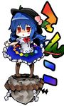  alternate_weapon blue_hair bow food frills fruit hat hinanawi_tenshi keystone koge-owl leaf long_hair open_mouth peach red_eyes rock rope short_sleeves solo sword sword_of_hisou touhou translated very_long_hair weapon wrist_cuffs 