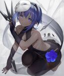  1girl absurdres arm_support armpit_crease backless_leotard bare_shoulders black_hairband black_leggings black_leotard breasts center_opening cleavage collarbone commentary_request dark-skinned_female dark_skin fate/grand_order fate_(series) fingerless_gloves full_body gloves hairband hassan_of_serenity_(fate) highres holding holding_kunai holding_weapon kunai leggings leotard looking_at_viewer mask mask_on_head medium_breasts medium_hair parted_lips purple_eyes purple_hair purple_nails ribs sideboob skull_mask solo squatting takubon weapon 