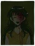  1girl :d arms_at_sides black_hair blood blood_from_forehead closed_eyes dark frilled_shirt_collar frills green_background likiona portrait saihate_eki shirt smile solo straight-on sweater_vest tenjiku_aoi white_shirt yellow_sweater_vest 