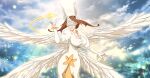  1girl alternate_costume alternate_hairstyle bleach braid braided_bun breasts cleavage cleavage_cutout clothing_cutout cloud commentary covered_eyes cowboy_shot cropped dress english_commentary floating_hair glowing glowing_dress glowing_wings hair_bun halo hand_up head_wings highres huge_breasts impossible_clothes impossible_dress inoue_orihime juliet_sleeves kubo_tite_(style) large_head_wings layered_dress long_dress long_hair long_sleeves multiple_wings official_style orange_hair puffy_sleeves shun_shun_rikka single_hair_bun smile solo two-sided_dress two-sided_fabric two-tone_dress vani11axbiscuit variant_set white_dress white_wings wings wings_over_eyes yellow_dress yellow_halo 