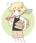  1boy absurdres antenna_hair bag basil_(faraway)_(omori) basil_(omori) blonde_hair blue_eyes blush brown_shorts closed_mouth collared_shirt commentary_request double-parted_bangs flying_sweatdrops green_sweater_vest hair_between_eyes highres holding holding_bag holding_shovel looking_at_viewer male_focus manimani_(mani_ma) omori shirt short_hair short_sleeves shorts shovel sidelocks smile solo sweatdrop sweater_vest white_shirt 