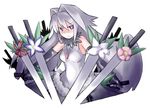  bare_shoulders breasts dual_wielding elbow_gloves engi_threepiece flower frown gloves grey_hair holding jewelry kugelschreiber long_hair medium_breasts necklace purple_eyes solo sword symbol-shaped_pupils weapon yumekui_merry 