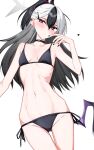  1girl absurdres bikini black_bikini black_choker black_hair black_horns black_wings blue_archive breasts choker collarbone commentary_request cowboy_shot ear_ornament gradient_hair grey_halo hair_between_eyes hair_ornament hairclip halo highres horns isocha kayoko_(blue_archive) kayoko_(tsutaya)_(blue_archive) long_hair multicolored_hair official_alternate_costume open_mouth purple_wings red_eyes simple_background single_wing small_breasts solo swimsuit two-tone_hair white_background white_hair wings 