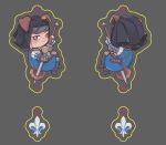  1boy abi-kamikakushi animal_ears arm_up black_boots black_turban blue_tunic blush boots bright_pupils brown_eyes brown_tail chain chain_necklace charm_(medium) chibi chibi_only closed_mouth commentary couter dog_boy dog_ears dog_tail ears_through_headwear english_commentary fleur-de-lis floppy_ears front_and_back furrowed_brow greatsword grey_background gwent_(game) holding holding_sword holding_weapon jewelry kemonomimi_mode knee_boots long_sleeves looking_at_viewer male_focus medallion multiple_views necklace simple_background sword tail the_witcher_(series) the_witcher_2 tunic turban v-shaped_eyebrows vernon_roche weapon white_pupils 