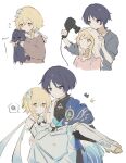  1boy 1girl anemo_symbol_(genshin_impact) animal animalization arm_cutout armor black_bodysuit black_bridal_gauntlets black_cat black_eyes black_gloves black_hair black_shorts blonde_hair blue_cape blue_eyes blue_feathers blue_flower blue_gem blue_kimono blunt_ends bodysuit bridal_gauntlets brown_shirt brown_sleeves cape carrying cat choppy_bangs clenched_hands closed_mouth clothing_cutout commentary crew_neck detached_sleeves dress drying drying_another's_hair drying_hair eyelashes eyeliner feather_hair_ornament feathers fingerless_gloves flower furisode gem genshin_impact gloves gold gold_sandals green_gem grey_shirt grey_sleeves hair_dryer hair_flower hair_ornament halterneck hand_on_another's_back hand_on_another's_head hand_on_another's_thigh hands_up highres holding holding_animal holding_cat holding_hair_dryer japanese_armor japanese_clothes juban kimono kosokawa kote kurokote light_blush long_sleeves looking_at_animal looking_at_another lumine_(genshin_impact) makeup medium_dress multicolored_flower multiple_views one_eye_closed open_clothes open_kimono pink_shirt pom_pom_(clothes) princess_carry puffy_sleeves red_eyeliner sandals scaramouche_(cat)_(genshin_impact) scaramouche_(genshin_impact) scarf shirt short_hair short_hair_with_long_locks shorts shoulder_peek side_cape sidelocks star_(symbol) star_print string sweatdrop tareme three-quarter_sleeves towel towel_on_head turtleneck turtleneck_bodysuit untranslatable_commentary vambraces wanderer_(genshin_impact) white_background white_dress white_flower white_kimono white_scarf white_trim yellow_eyes 