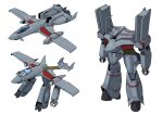  aircraft airplane battroid bomber canopy_(aircraft) commentary_request gerwalk highres macross mecha mecha_focus meltlan2021 military_vehicle multiple_persona multiple_views no_humans nose_art original robot science_fiction shark_nose_art u.n._spacy variable_fighter white_background 