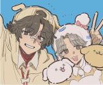  1boy 1girl :d ampico animal_hat backwards_hat bandaid bandaid_on_face bandaid_on_nose blue_background bow brown_hair commentary_request curtained_hair dog_hat fangs grey_hair hat hat_bow hood hoodie identity_v lily_barriere lily_barriere_(white_maltese) looking_at_viewer norton_campbell norton_campbell_(golden_retriever) official_alternate_costume scar scar_on_face smile v yellow_hoodie 