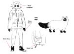  1boy animalization aotsuki_eito arms_at_sides cat colorpoint_(pattern) commentary english_commentary english_text expressionless full_body greyscale highres hundredtakus jacket legs_apart male_focus monochrome pants person_and_animalization short_hair siamese_cat solo standing sunglasses the_hundred_line_-last_defense_academy- 