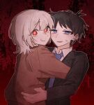  2boys akinashi_haru black_hair blue_eyes blue_necktie commentary from_behind ggppa hand_on_another's_hip highres hug lapels looking_at_viewer male_focus multiple_boys necktie red_background red_eyes saihate_eki smile sweat tatsunami_shion untranslatable_commentary upper_body yaoi 
